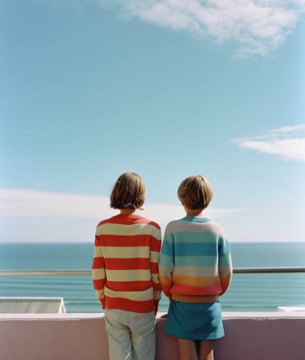 Two kids with their back to the camera staring out at the sea