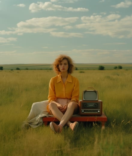 A woman sitting beside a radio