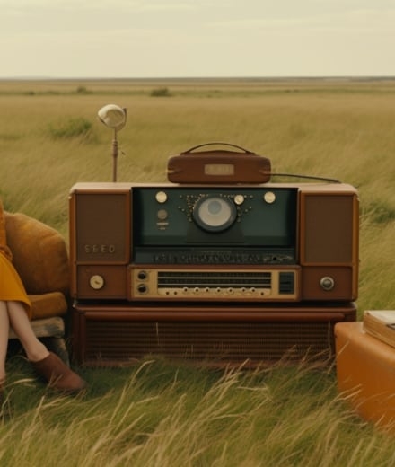 A photo of a fictional oversized radio player in the field