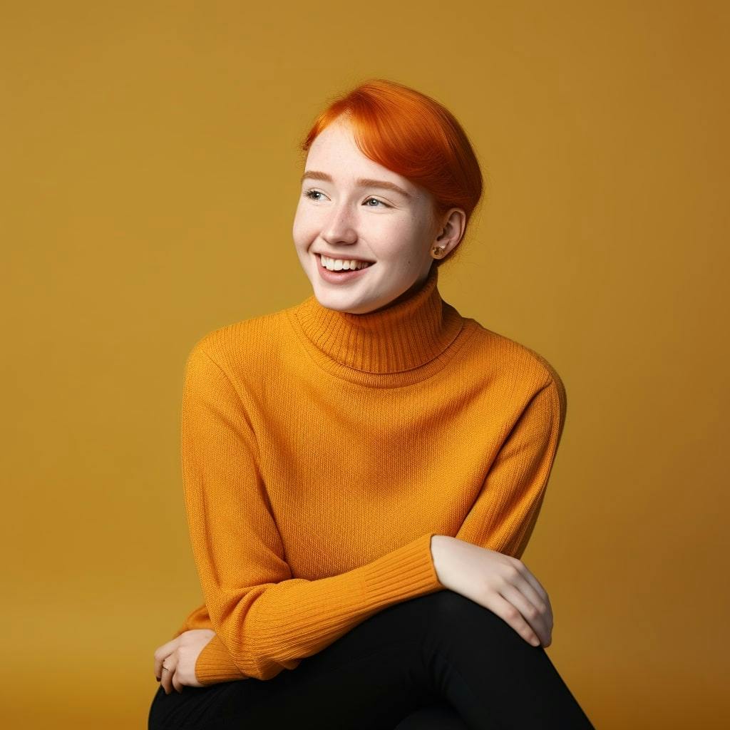 an adorable young ukranian woman in her 20s, wearing a turtleneck with freckles on her face, sitting on a chair in a single color background studio, slightly smiling, 2010s